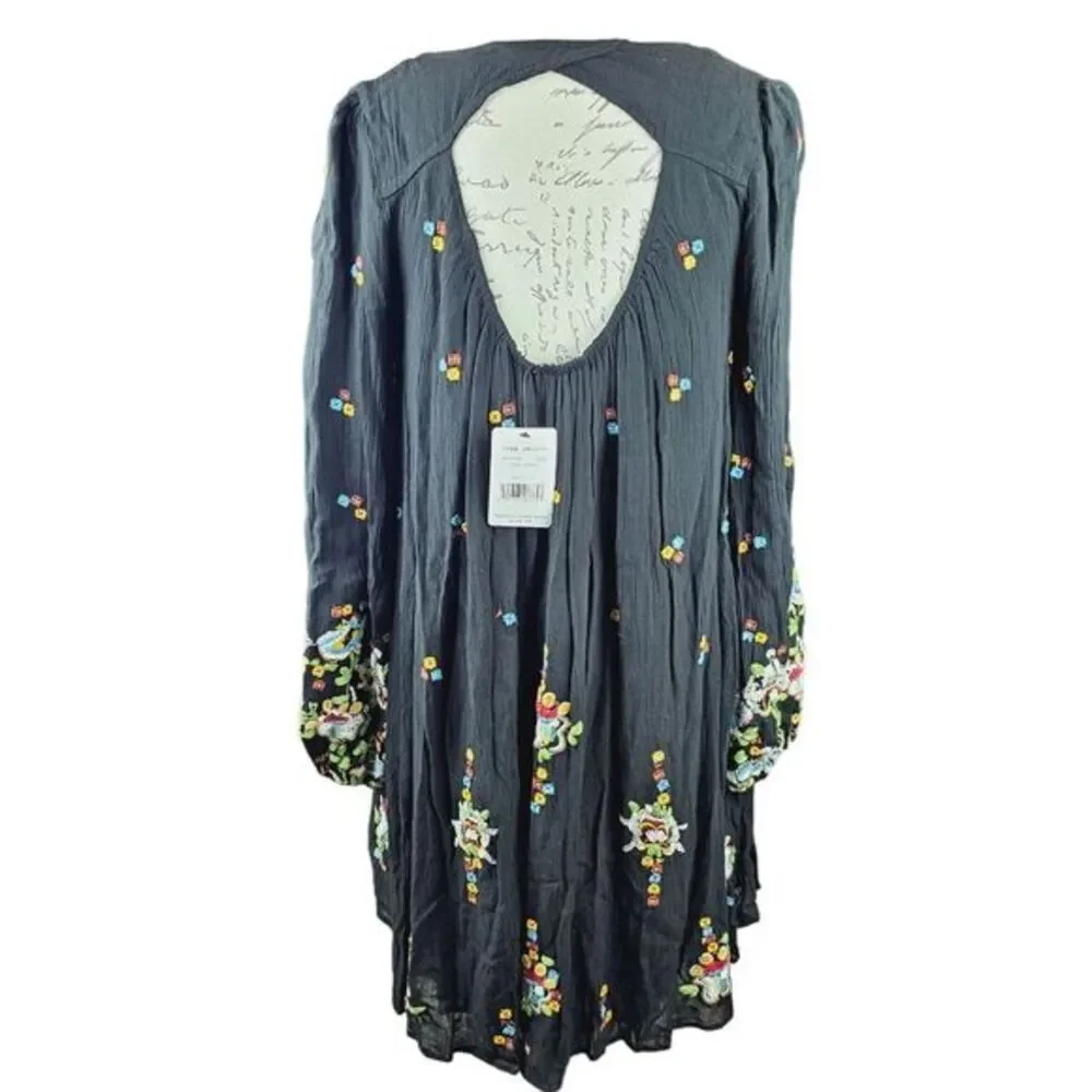 Free People Black Oxford Embroidered Long Sleeve Back Cut Out‎ Mini Dress Size S